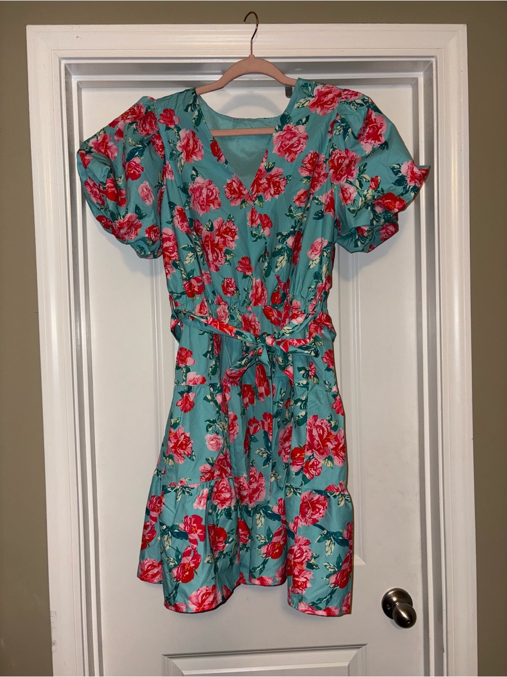 Turquoise Floral Wrap Dress with Puff Sleeves